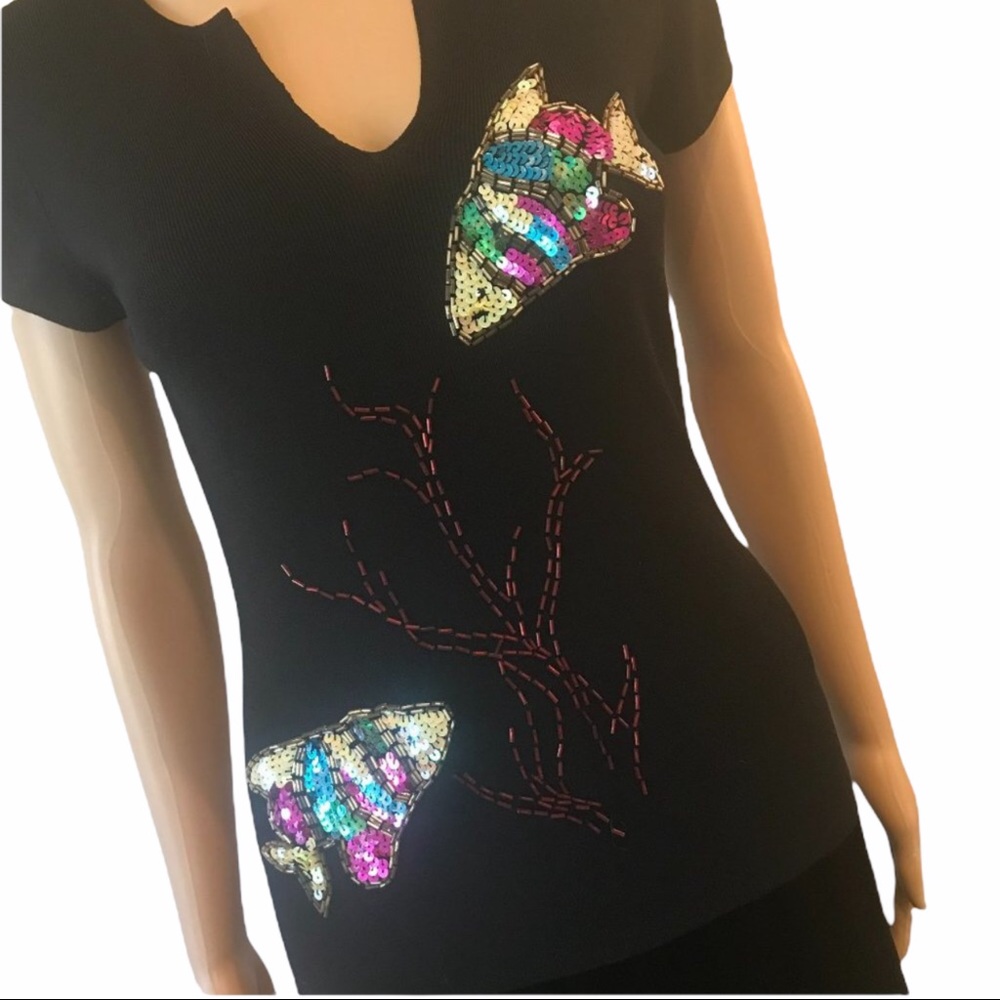 Carducci Black knit top with colorful fish sequin